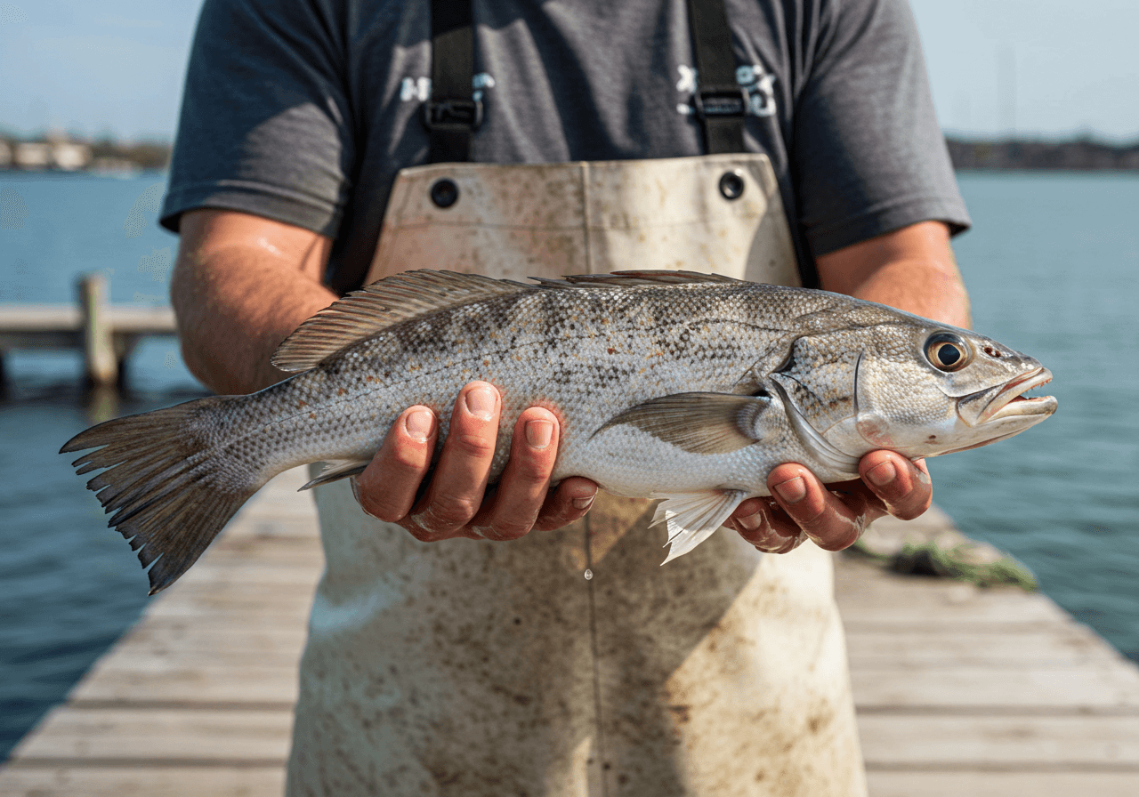어부가 갓 잡아 올린 신선한 민어를 두 손으로 들고 있는 모습