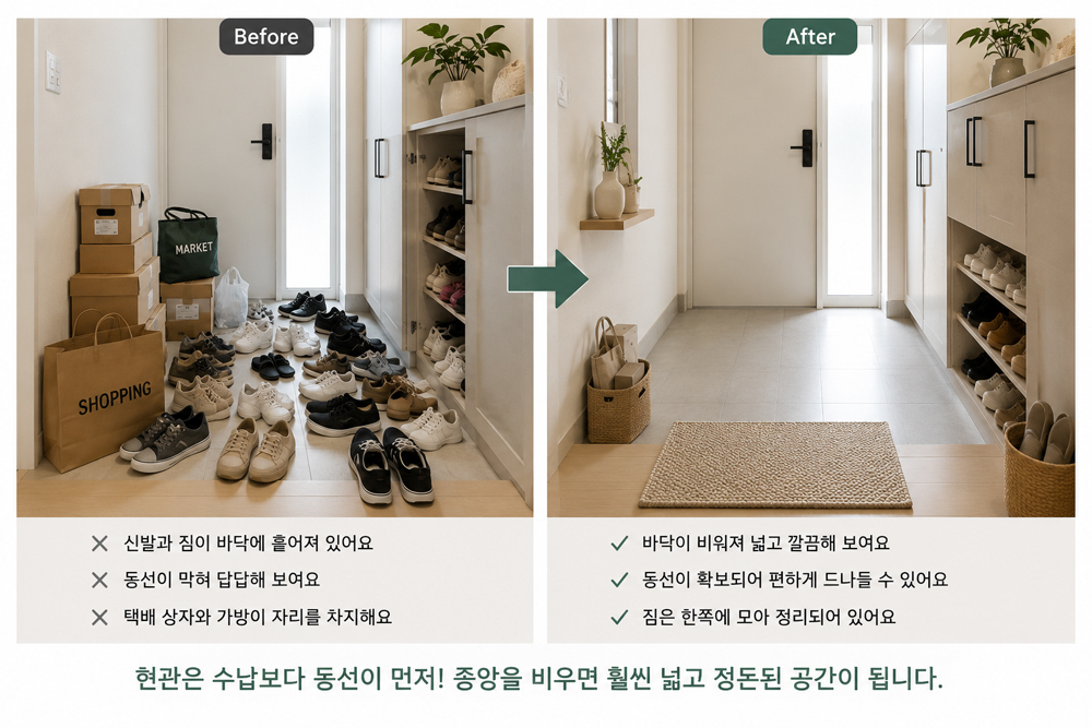 현관 정리 전후 비교 모습으로 신발과 짐으로 막힌 동선을 정리해 넓고 깔끔해진 현관 공간