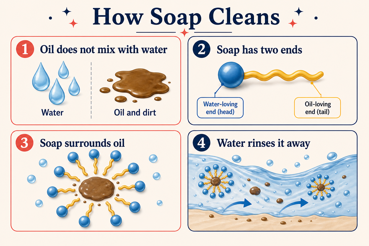 Infographic explaining how soap cleans oil and dirt
