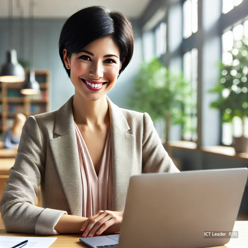 MacBook으로 시험 문제를 만드는 친근한 인상의 여성 교수