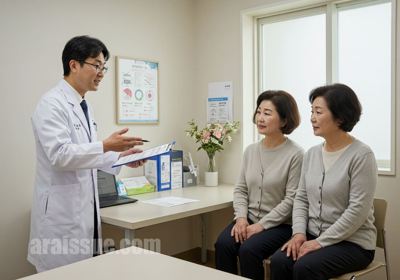 현대적인 병원 상담실에서 40대 한국 부부에게 비만 판정 기준을 설명하는 한국인 의사. 배경은 밝고 깨끗한 병원 실내입니다.