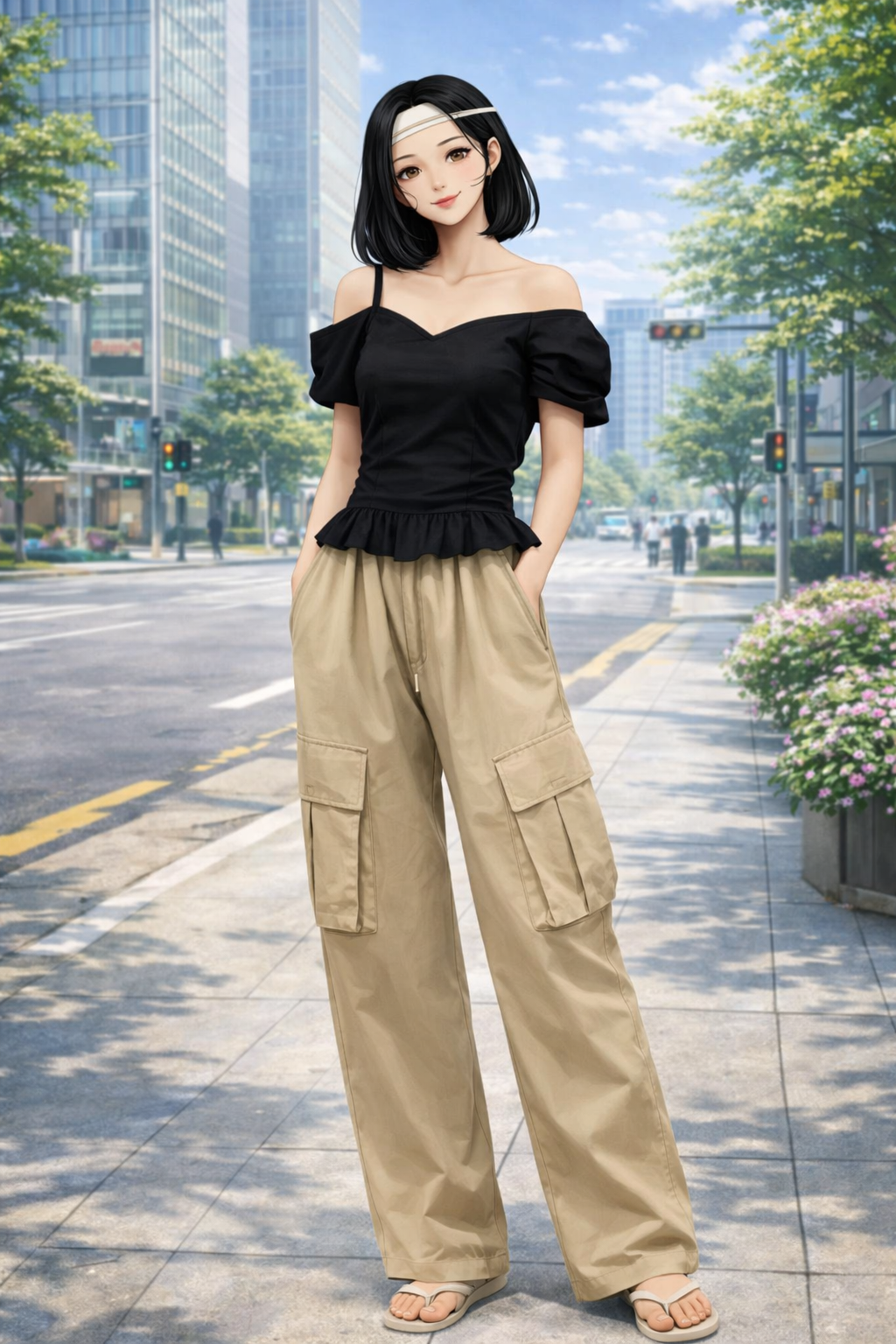 K-Fashion Black Off Shoulder Top With Beige Cargo Pants And Modern Casual Look