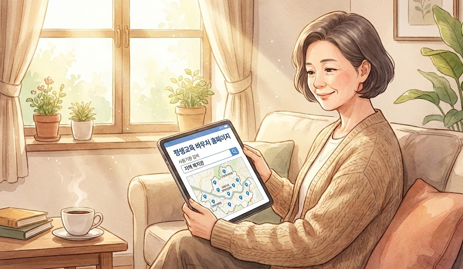 태블릿으로 평생교육 바우처 홈페이지에서 지역 복지관 등 사용기관을 검색하는 사람의 모습