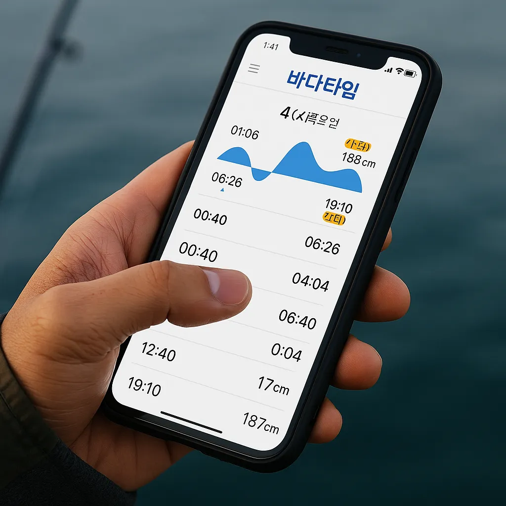 낚시인이 스마트폰으로 바다타임 물때표를 확인하는 장면