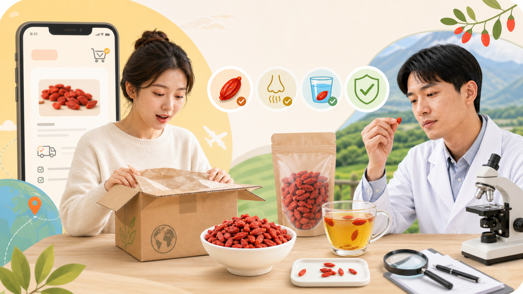처음 해외직구로 구매한 중국 닝샤 구기자를 소비자와 품질 전문가가 색 냄새 물 우림 상태로 확인하는 친근한 디지털 플랫 일러스트