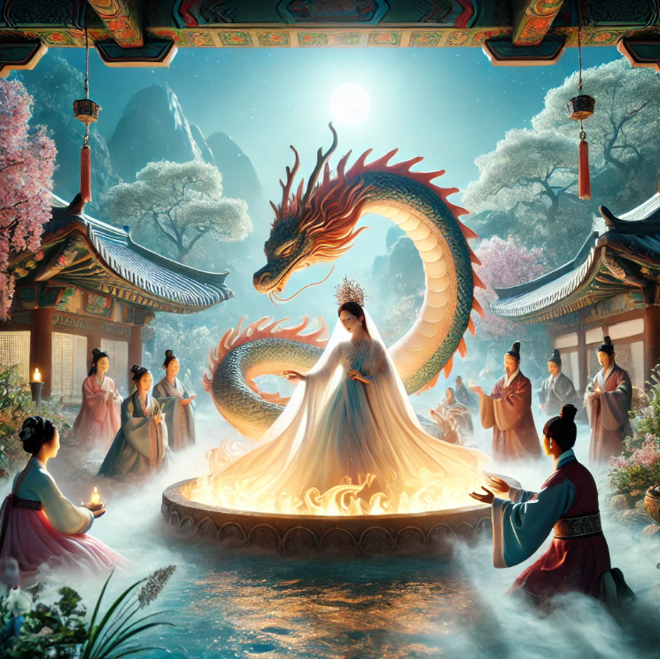 신비로운 우물에서 등장하는 여인을 바라보는 사람들