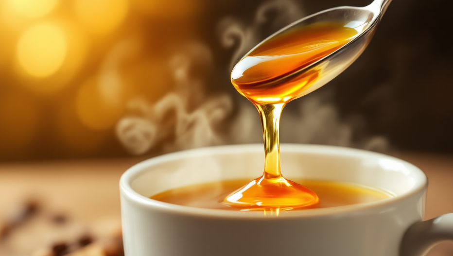 따뜻한 물에 꿀 한 스푼이 떨어지는 모습의 클로즈업