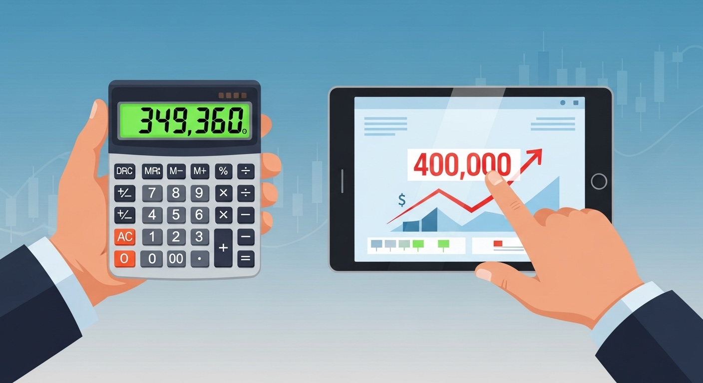 2026년 기초연금 34만9천원에서 40만원으로 인상되는 것을 보여주는 계산기와 태블릿 화면.