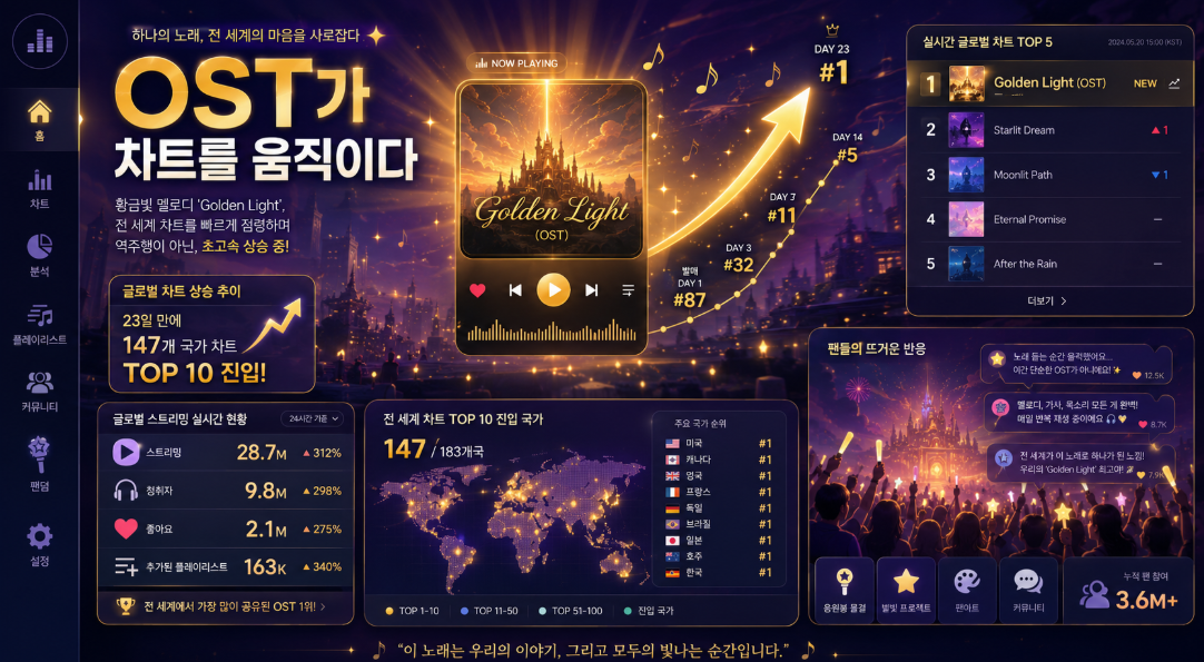 Golden OST가 글로벌 음악 차트에서 주목받는 흐름을 표현한 데이터 이미지