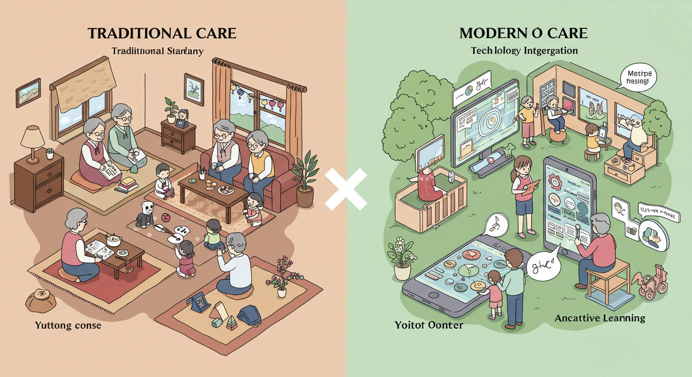 전통 vs 현대 손주 돌보기 그림