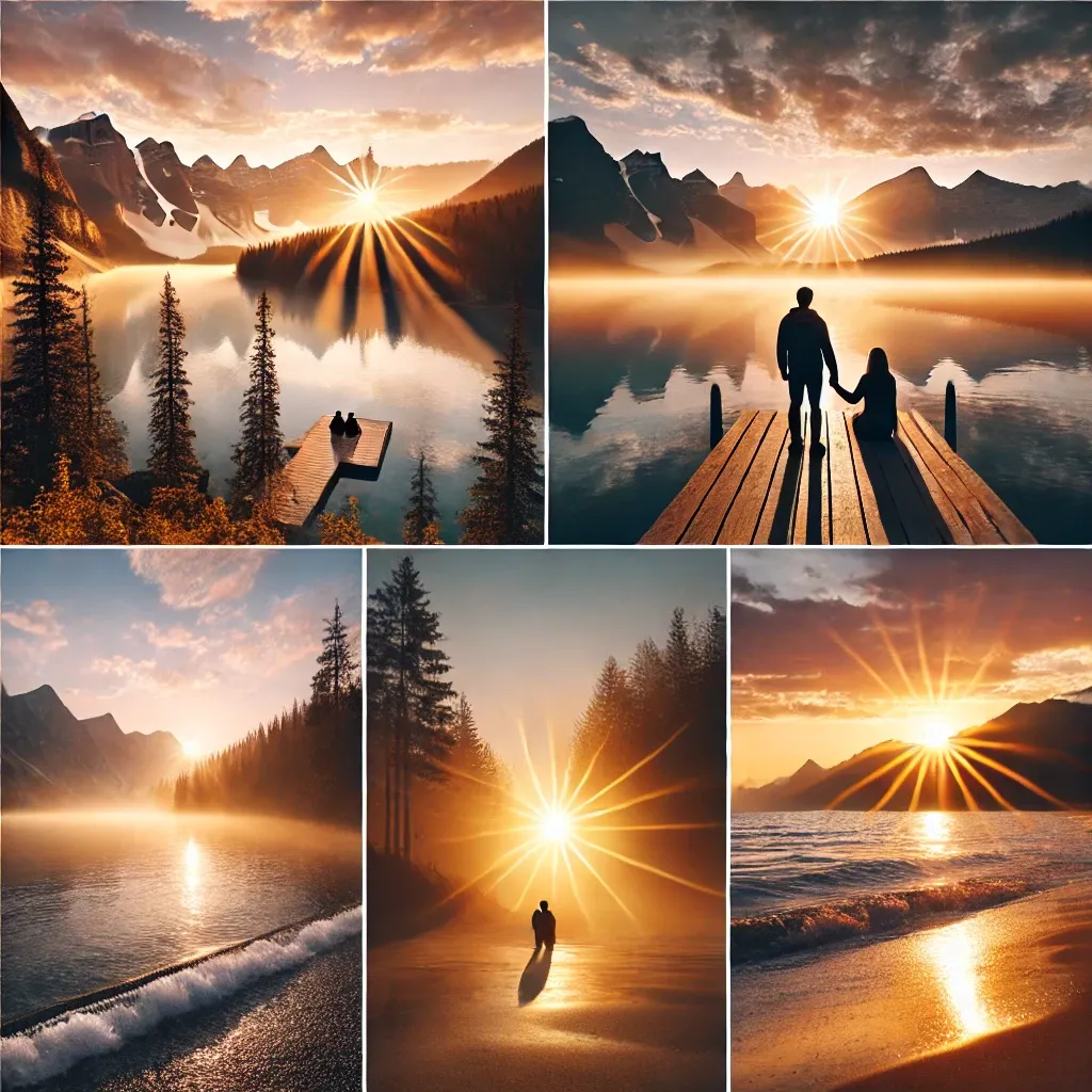 새벽-호수-위-붉은-해돋이와-연인