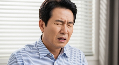 중년 남성이 드라마 장면을 보며 한숨 쉬는 모습