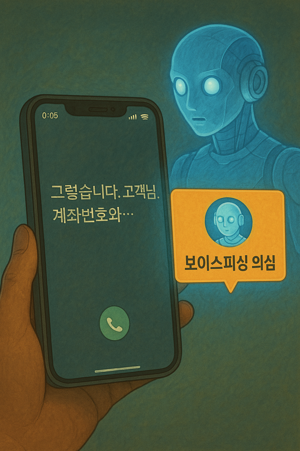 익시오 통화 자막 기능과 AI 경고 팝업 화면
