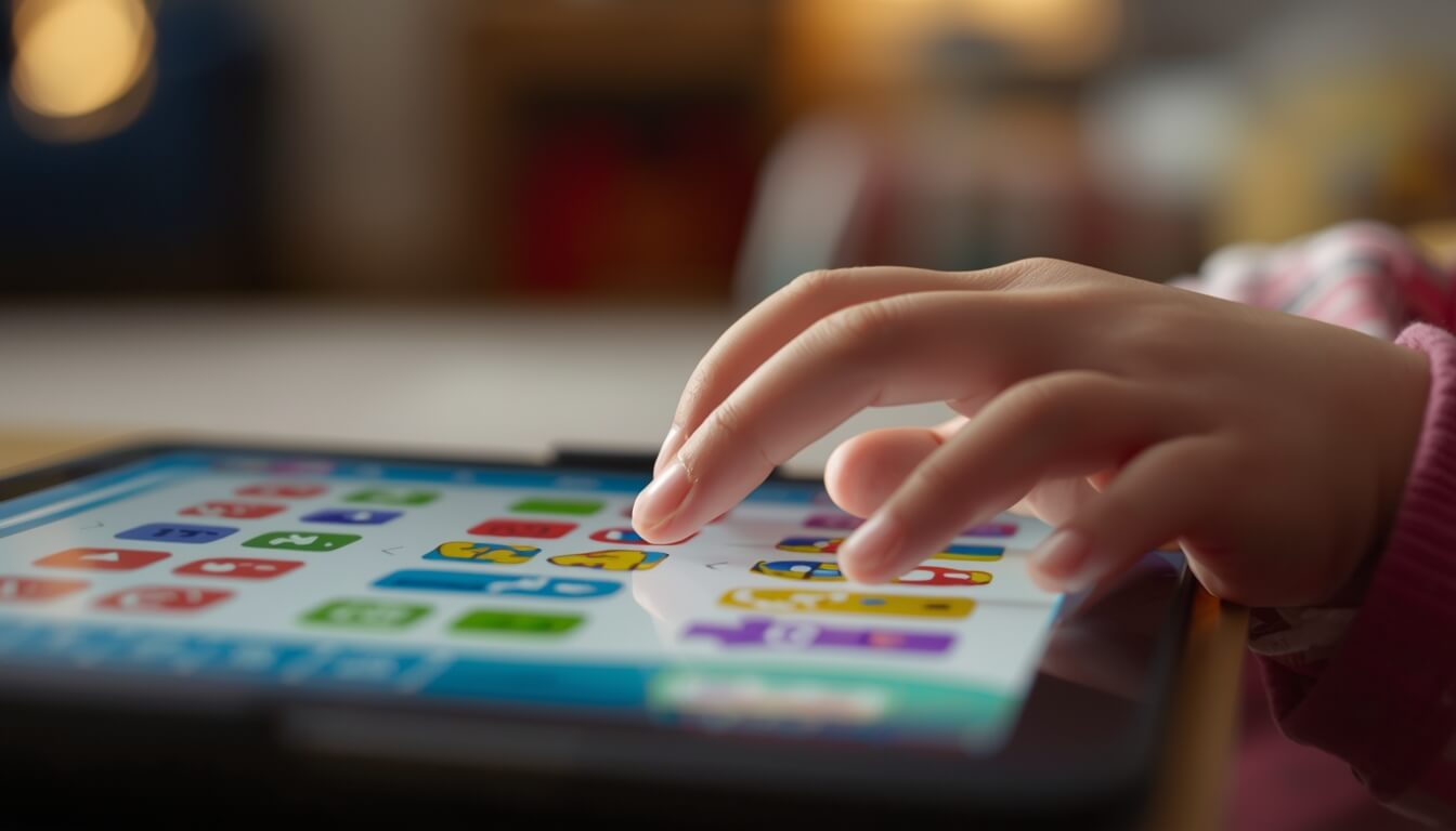 아이의 손가락이 태블릿 영어 앱의 상호작용 기능을 터치하며 학습하는 모습