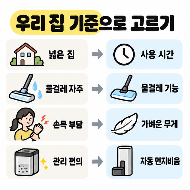 강한 흡입, 물걸레, 먼지 감지, 가벼움 중 집에 맞는 기준을 고르는 선택 카드