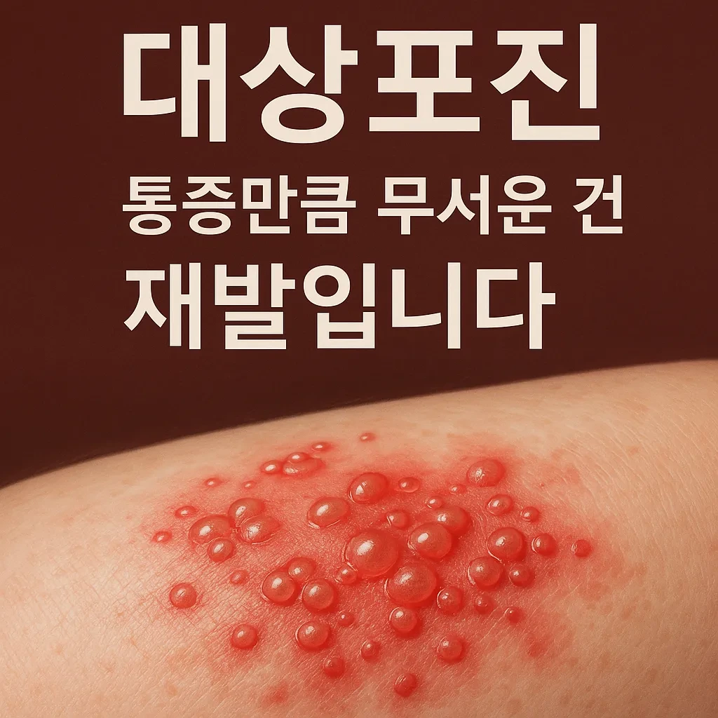대상포진 재발의 위험성을 경고하는 건강 인식 포스터. 칼로 베이는 듯한 통증과 재발 위험 문구가 강조된 강렬한 시각 디자인