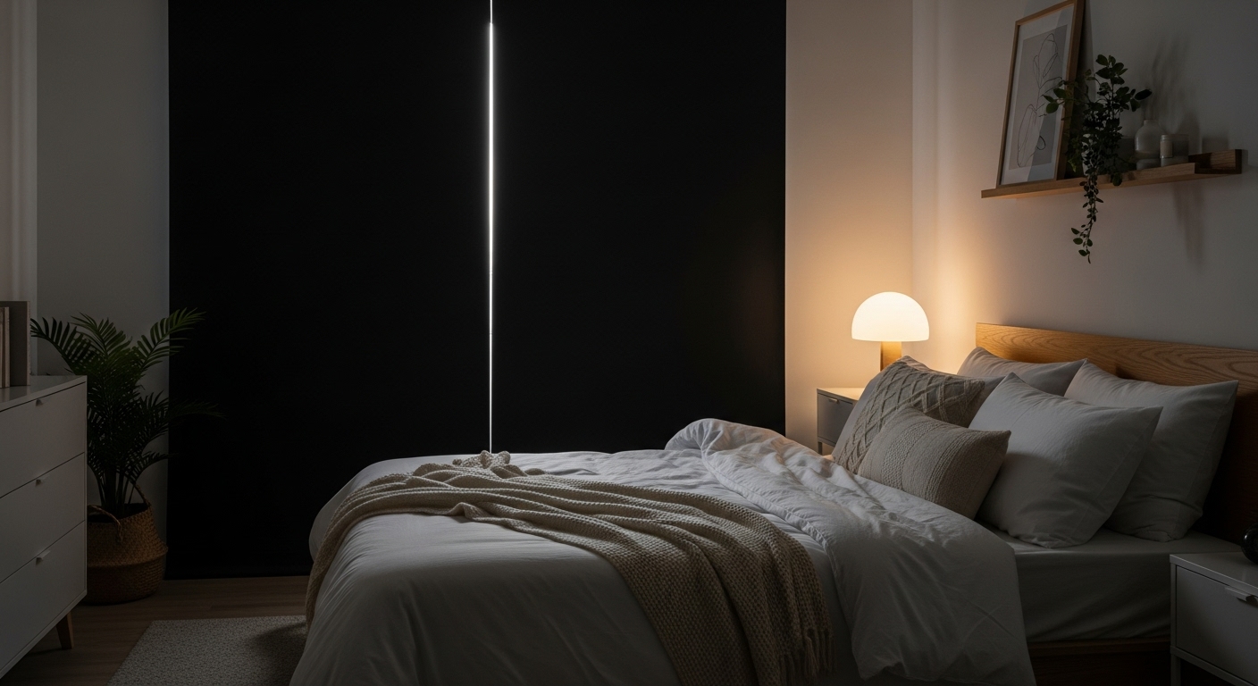 어둡고 조용하며 시원하게 유지된 아늑한 침실의 모습.