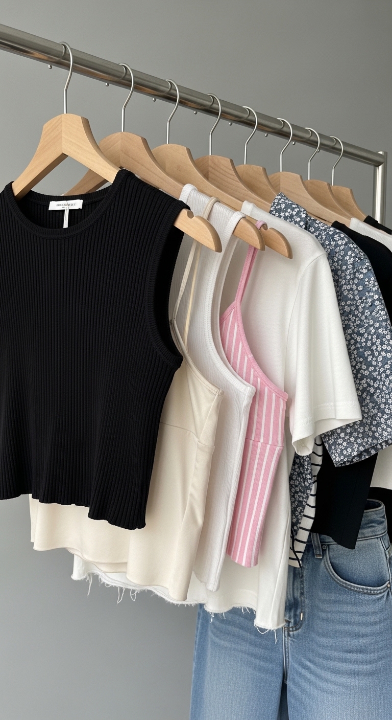 다양한 기장과 핏의 크롭탑들이 행거에 걸려 있는 모습
