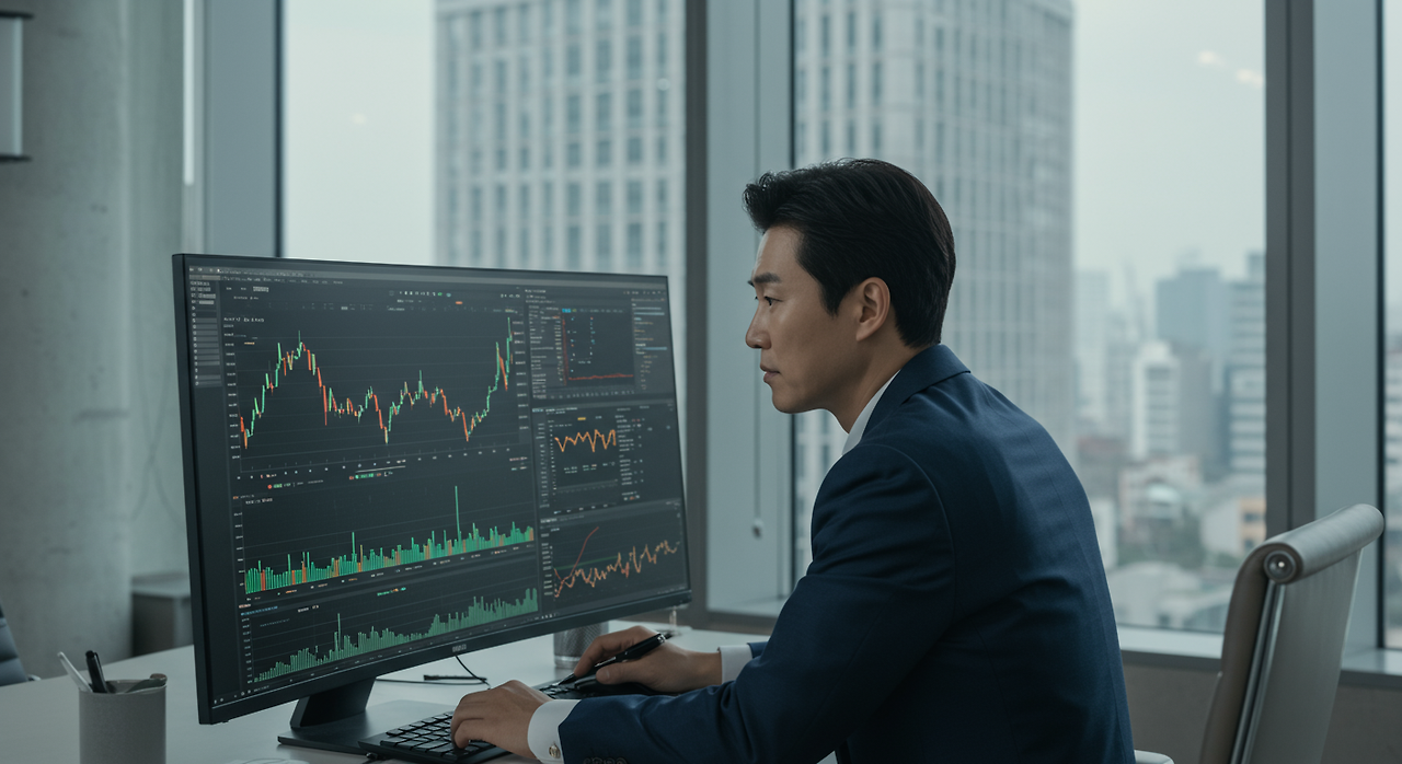 현대적인 오피스 환경에서 주식 시장 차트를 분석하는 한국인 남성