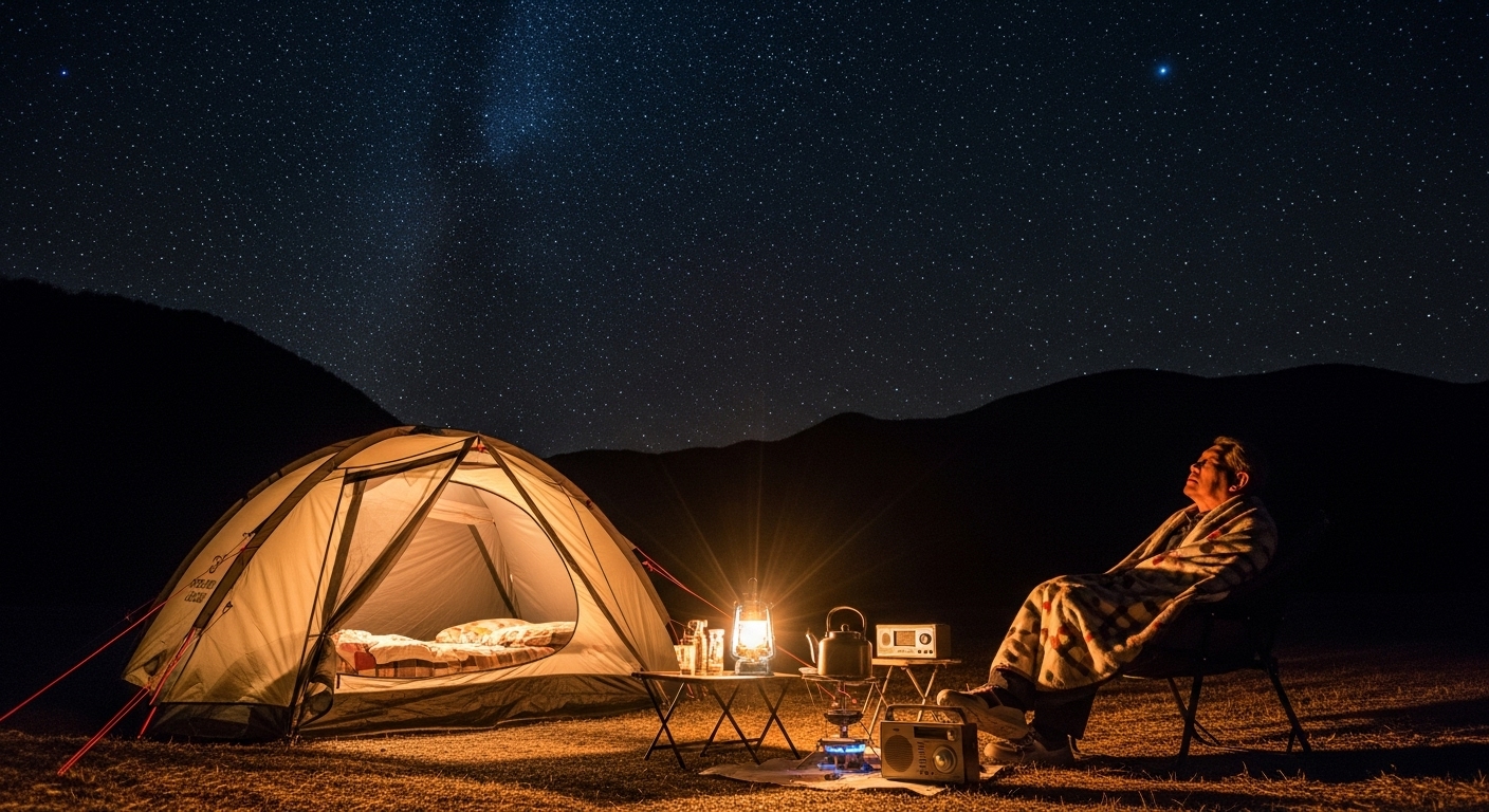 저녁 별빛이 쏟아지는 캠핑장에서 여유를 가지는 시니어