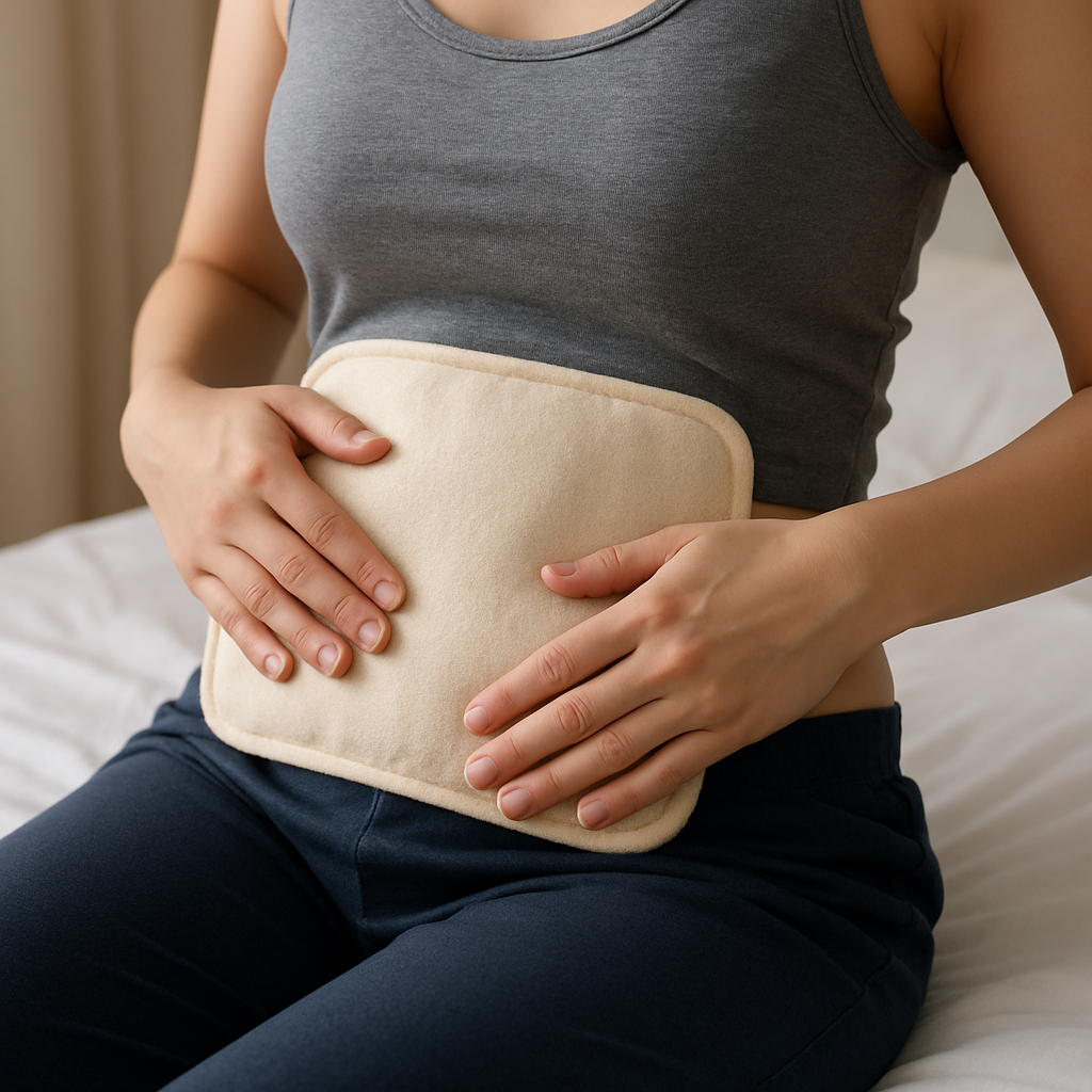아랫배나 허리를 따뜻하게 하면 통증 완화에 도움 배에 찜질하는여자이미지 출처 :직접제작 AI생성