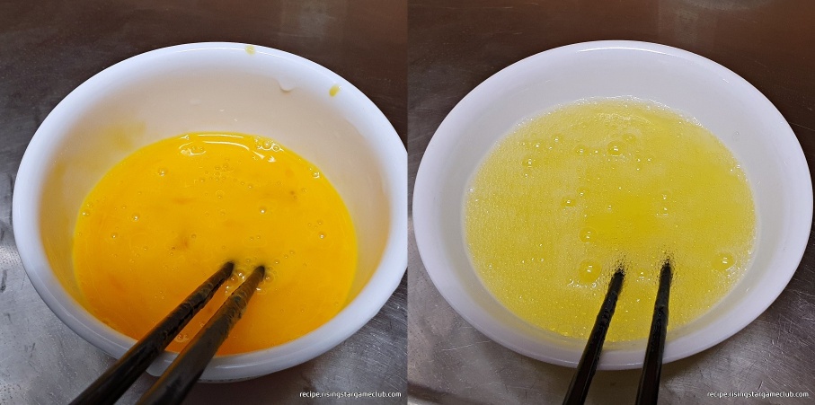 떡국 위에 올릴 지단을 부치기 위해 계란 노른자와 흰자를 분리해 잘 풀어 놓은 사진