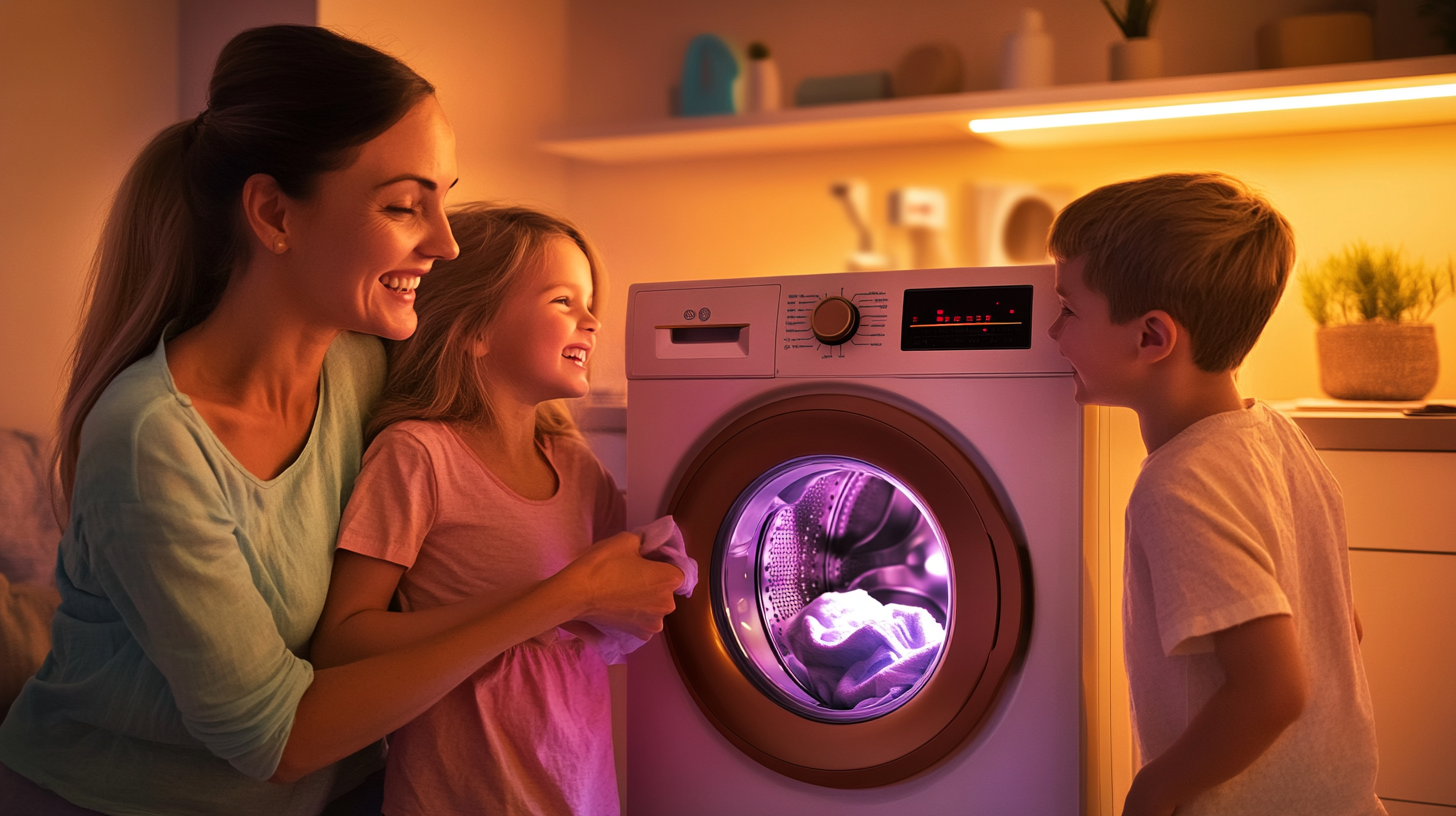 최신 세탁기 주위에서 세탁 시간을 즐기는 행복한 가족의 모습.