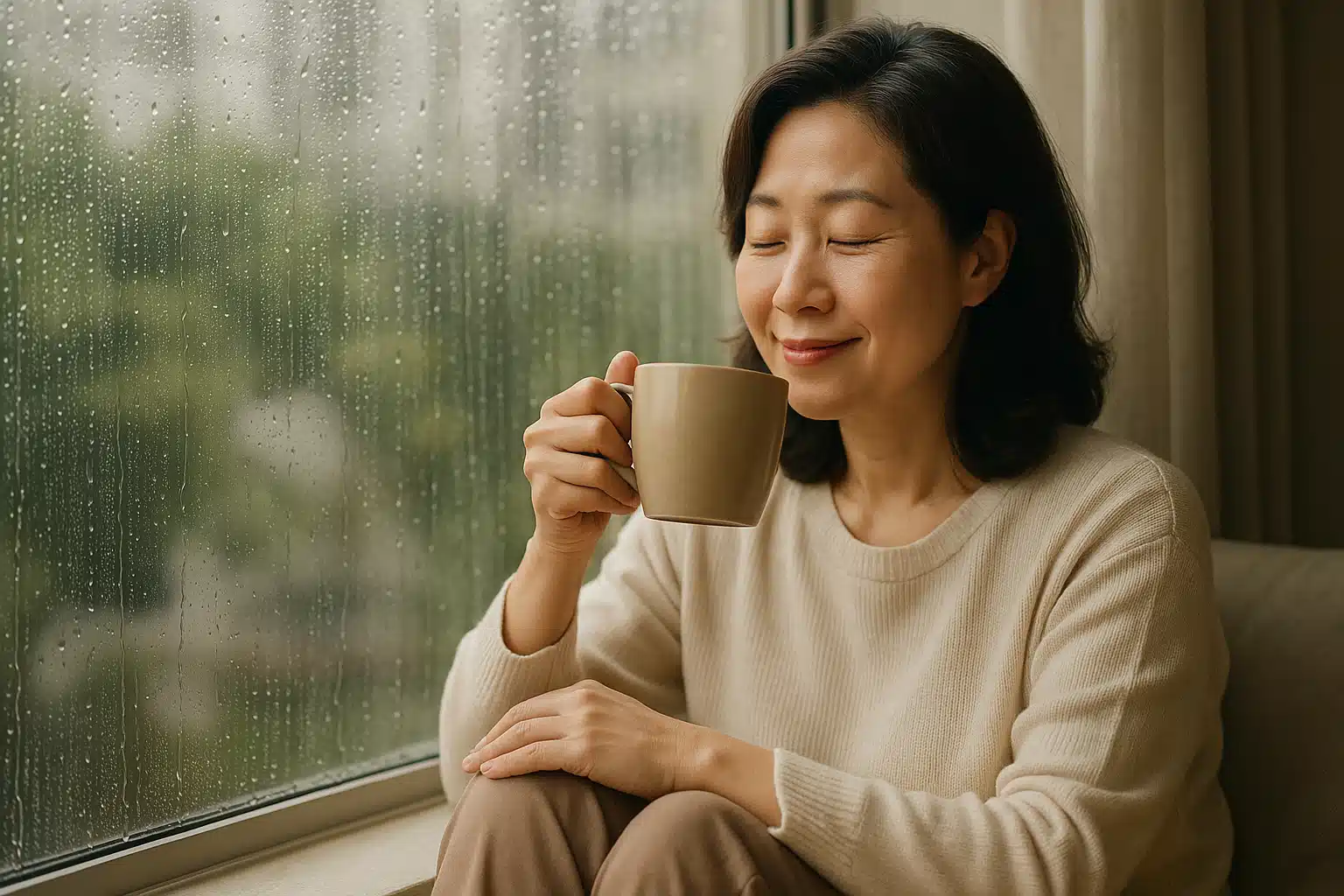 비 오는 날 창가에서 따뜻한 차를 마시며 편안히 쉬는 중년 여성
