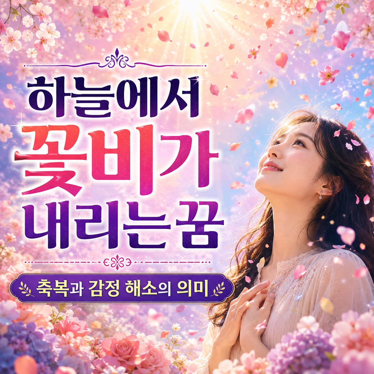 하늘에서 꽃비가 내리는 꿈의 의미를 표현한 몽환적인 썸네일 이미지