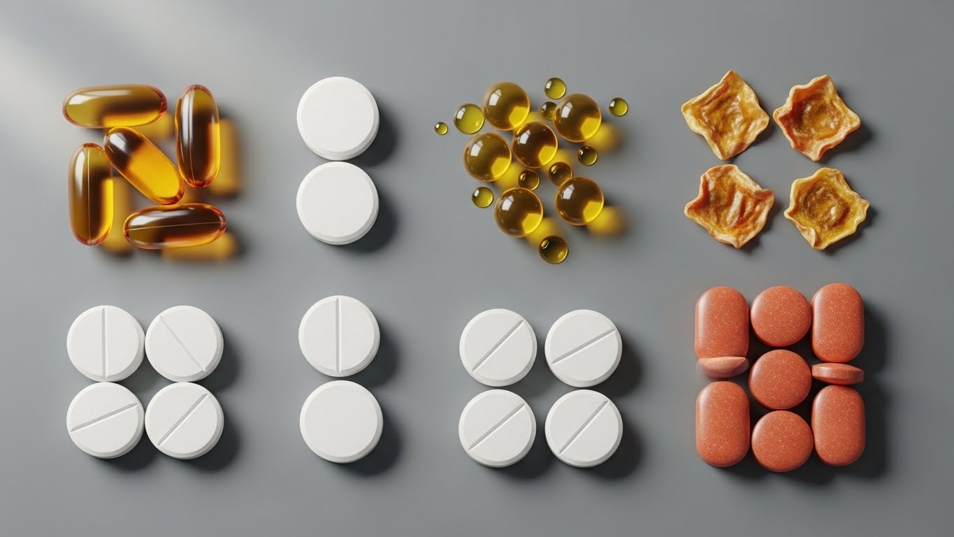 캡슐-유형(소프트-젤,-정제,-씹을-수-있음)과-오일-방울-및-젤라틴-소스와-같은-천연-성분이-물체를-통해-참조되는-것을-보여주는-여러-가지-일반-보충제-옵션의-현실적인-평면-구성입니다.