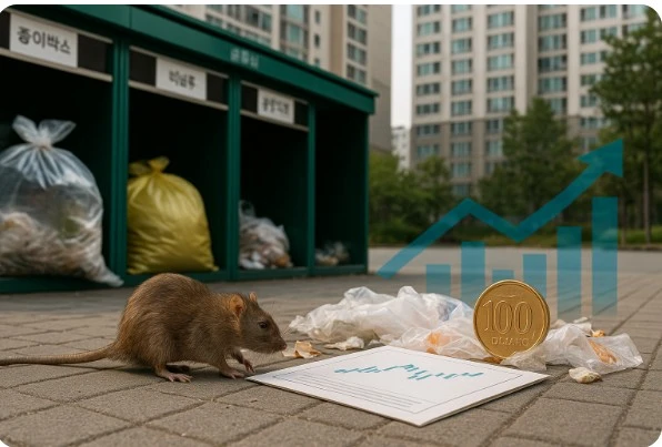 아파트 분리수거장 주변 쓰레기를 뒤지는 쥐의 모습