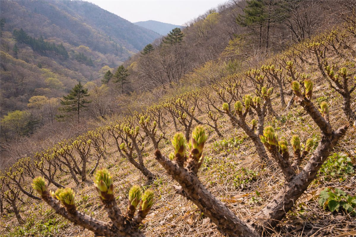 봄철 새순이 올라온 두릅나무 군락 전경 