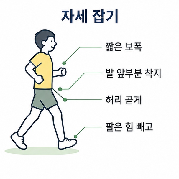 슬로우 조깅 자세 도해, 짧은 보폭과 발 앞부분 착지, 곧은 허리를 옆모습에 화살표로 표시한 그림