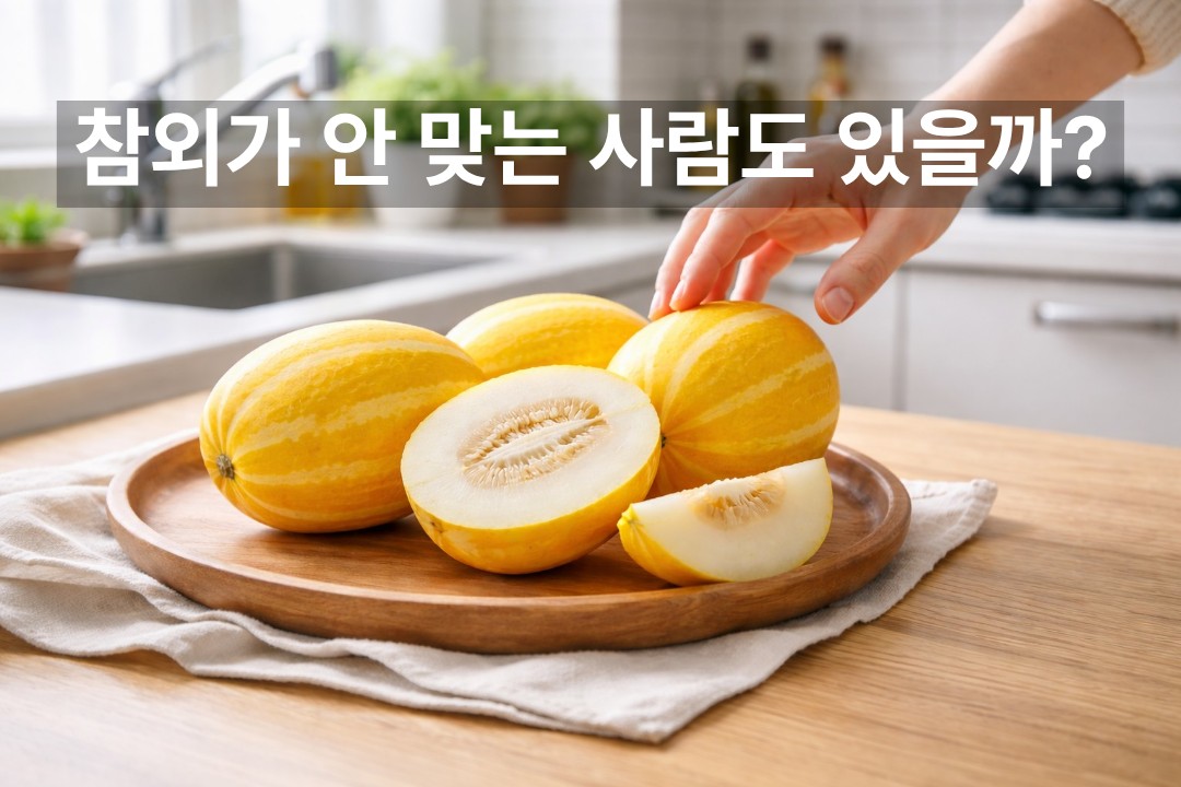 참외를 집기 전 주의사항을 떠올리게 하는 식탁 위 참외 이미지