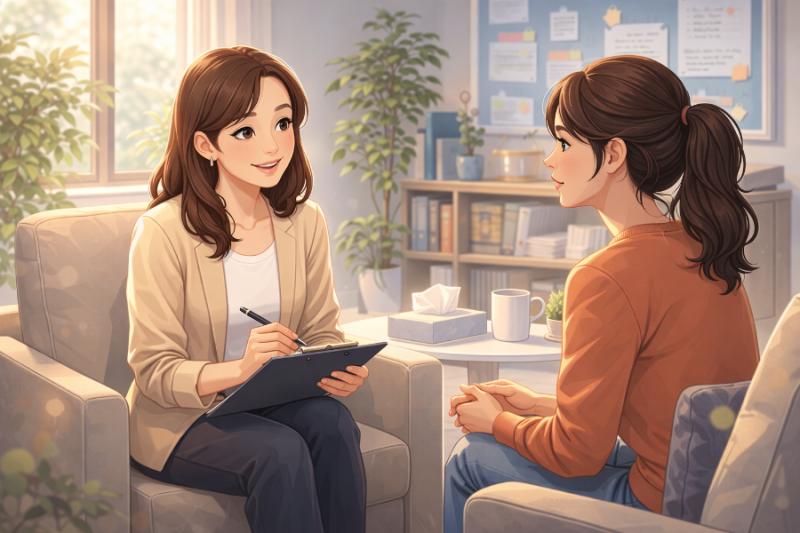 상담사와 마주 앉아 상담을 하고 있는 이미지