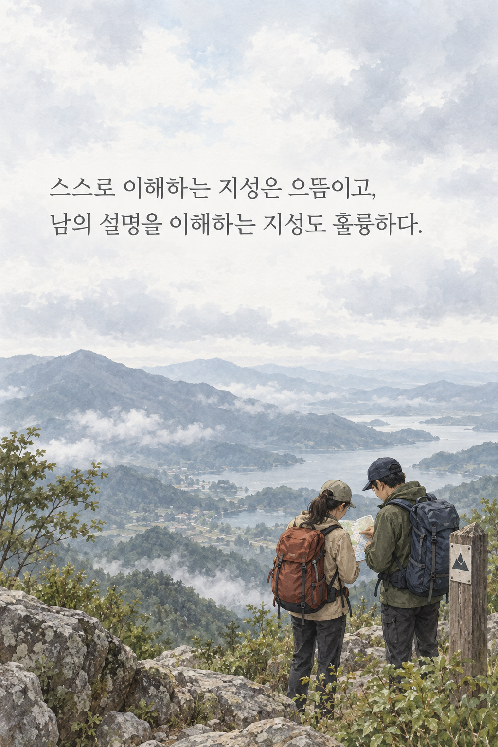스스로 이해하는 지성은 으뜸이고, 남의 설명을 이해하는 지성도 훌륭하다. 문구가 담긴 세로형 이미지