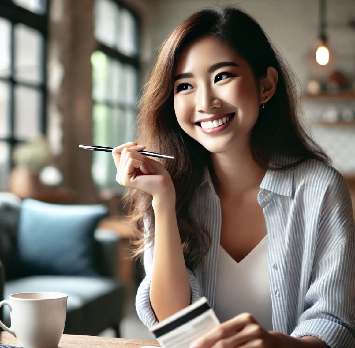 은행 잔고를 보면서 웃고 있는 여자 사진