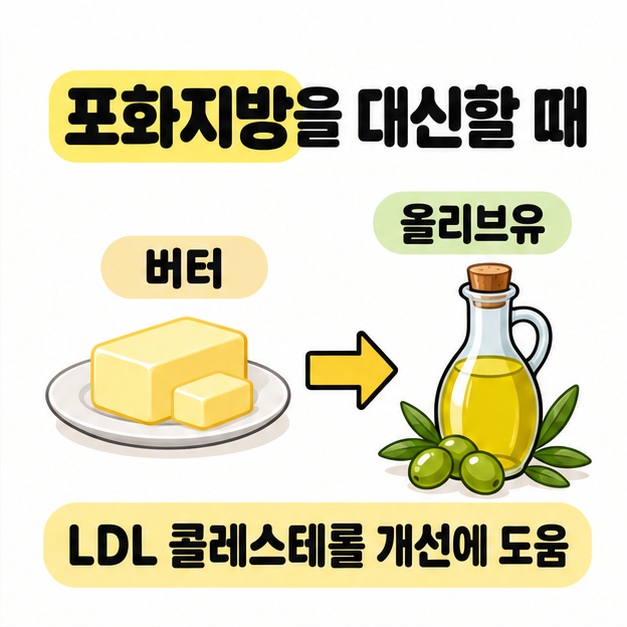 포화지방을 대신할 때라는 문구와 함께 버터에서 올리브유로 향하는 화살표로 LDL 콜레스테롤 개선에 도움을 설명한 그림
