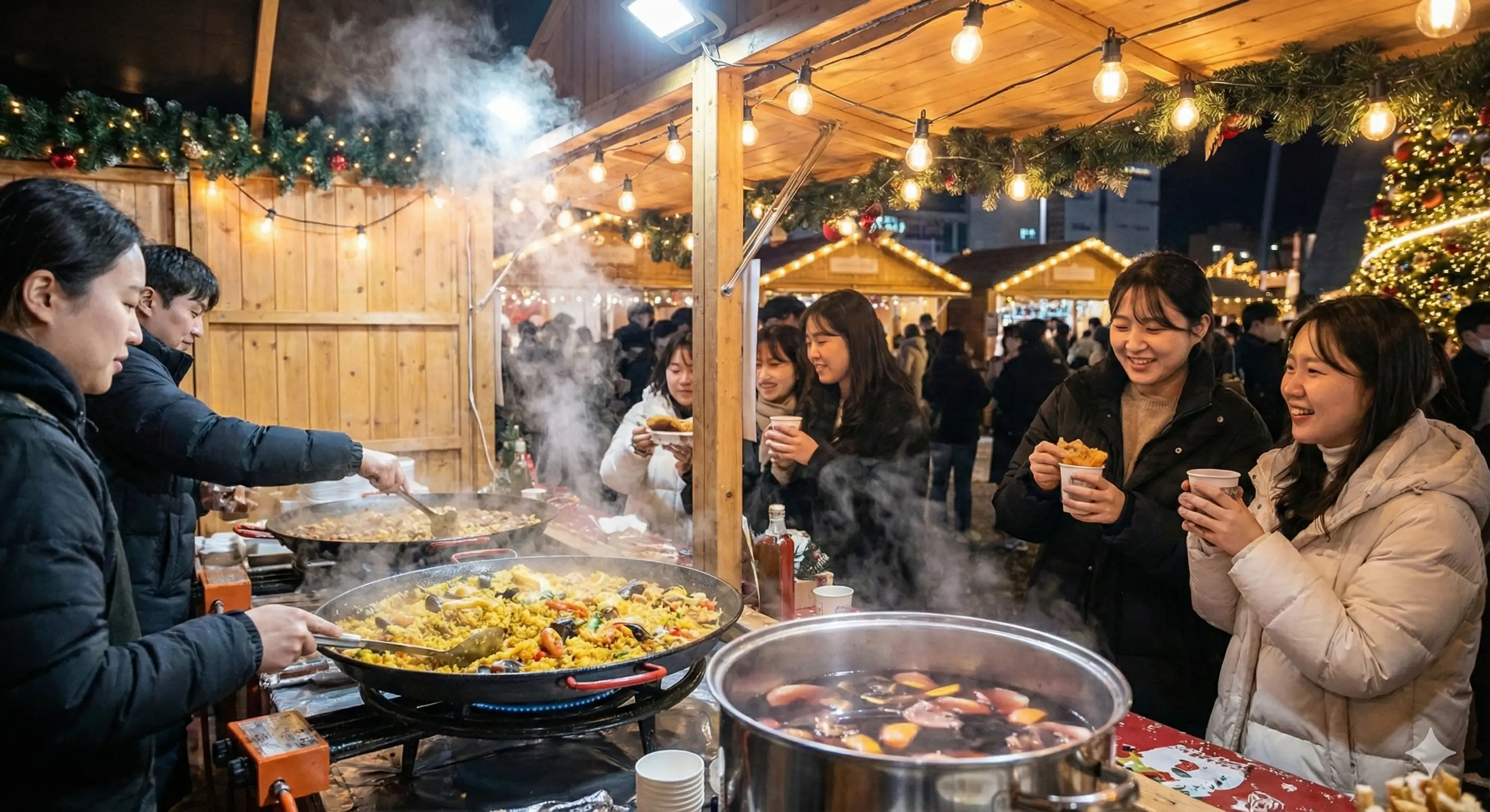 부산 크리스마스 빌리지 먹거리 마켓에서 빠에야와 글뤼바인을 즐기는 사람들
