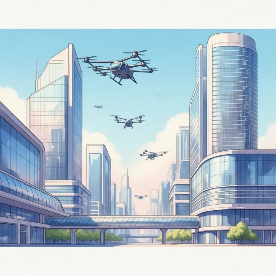 미래 도시를 배경으로 한 도심 항공 모빌리티
