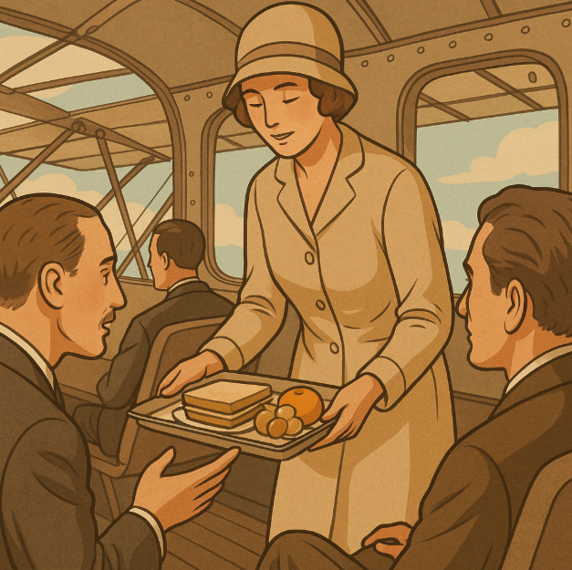 1919년대 복엽기 객실에서 승무원이 샌드위치와 과일을 트레이에 담아 건네는 장면, 초기 기내식의 소박함을 보여주는 일러스트