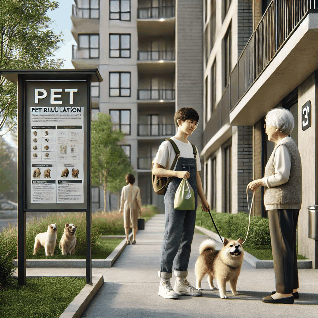 반려동물과 사람이 조화롭게 공존하는 현대 아파트 단지의 평화로운 일상을 보여주는 장면