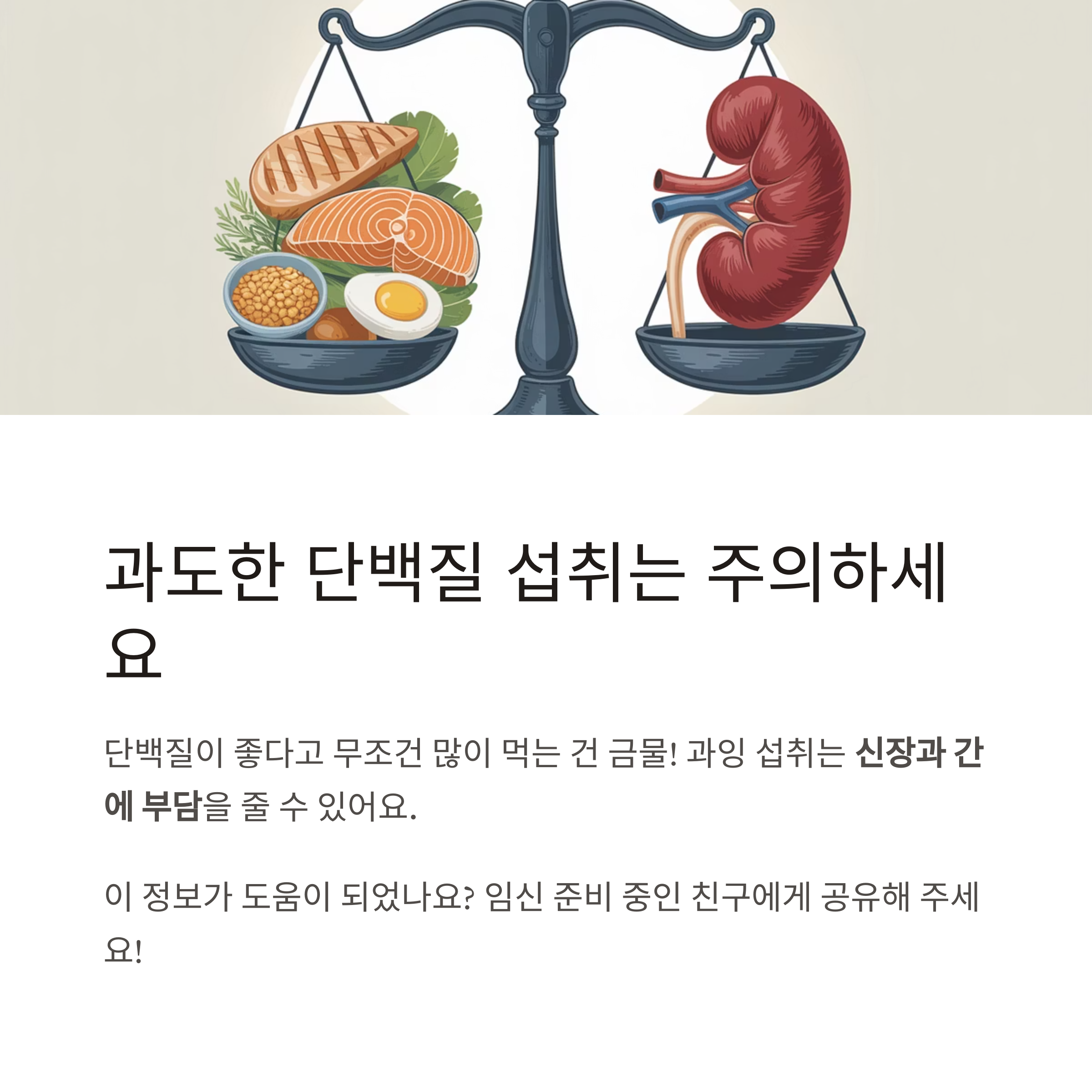 과도한 단백질 섭취 시 신장과 간에 부담이 될 수 있음을 경고하는 인포그래픽으로, 음식과 신장을 저울에 비유한 그림 포함