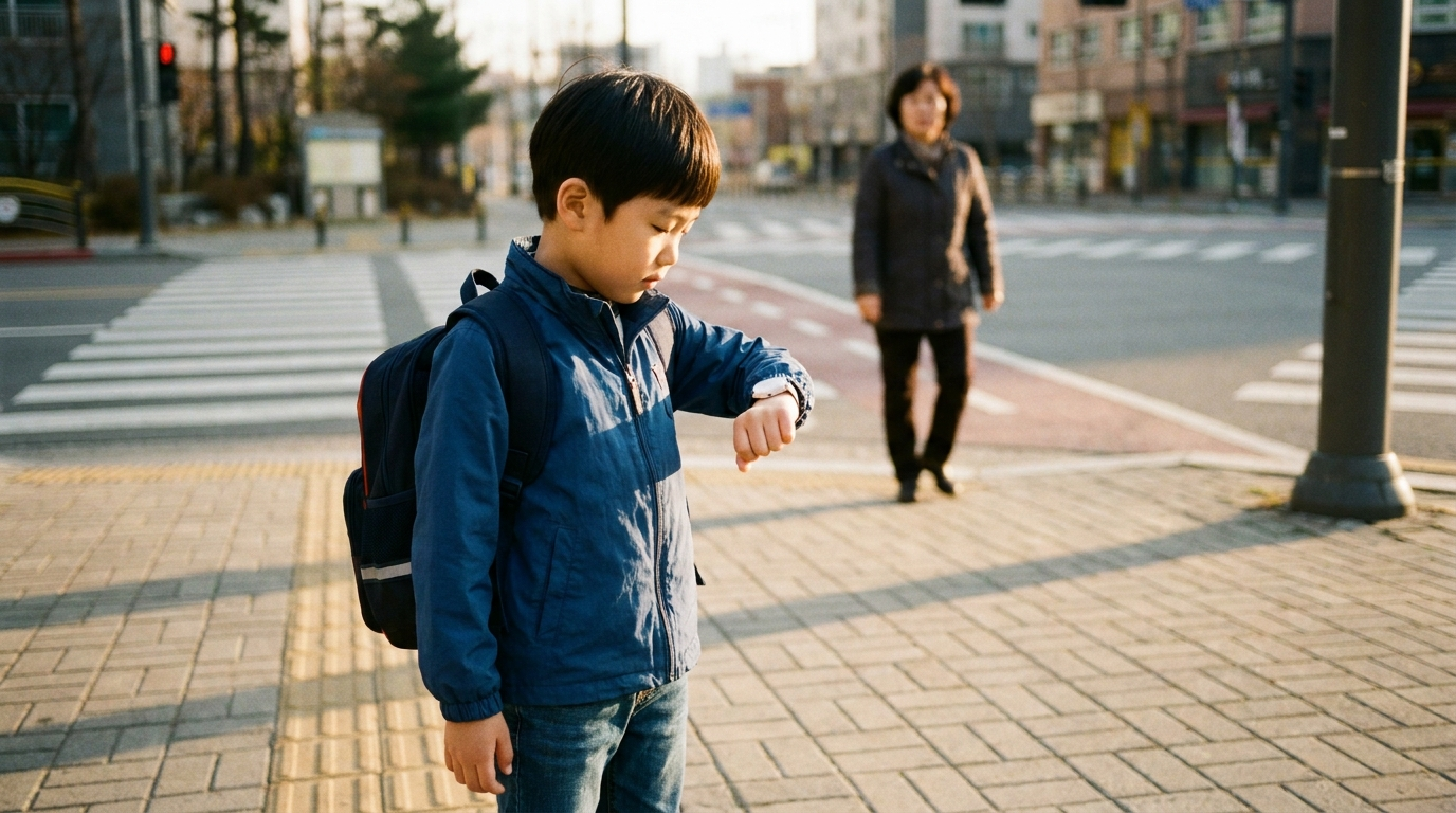 등하원길 손목시계 확인하는 아이