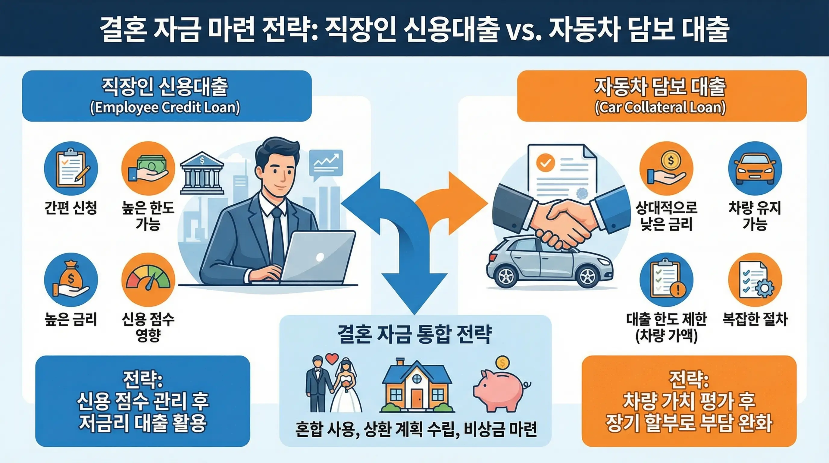 직장인 신용대출과 자동차 담보 대출을 비교하여 결혼 자금을 마련하는 전략을 보여주는 인포그래픽