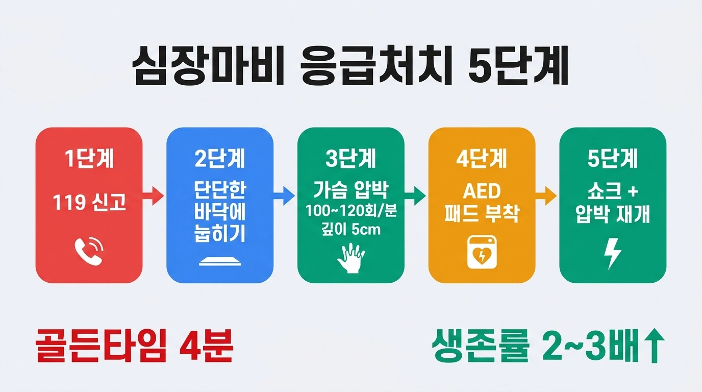 심장마비 응급처치 심폐소생술 CPR 5단계와 AED 자동심장충격기 사용법 절차 인포그래픽