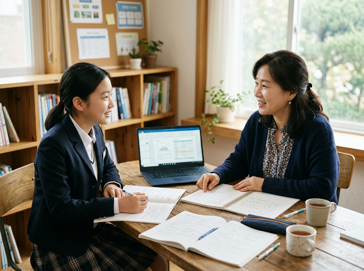 학부모 또는 학습 코치가 중학생과 학습 계획을 의논하는 모습