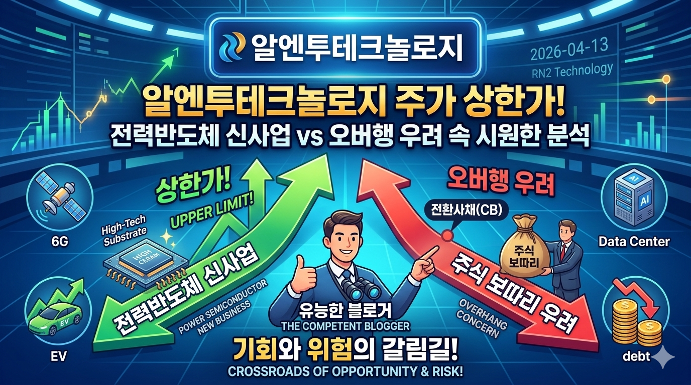 통신 시장의 세대교체 주기와 AI 데이터센터 수요로 인한 통신장비 업종의 급등세가 배경에 그려져 있습니다. 오른쪽 하단에는 알엔투테크놀로지의 기업명과 로고가 있으며, 그 위로 상승하는 대형 수익률 그래프가 전력반도체 패키징용 세라믹 방열 기판 사업을 통한 신성장 동력을 상징합니다. 그래프 상단에는 '세라믹 소재 기술'과 '전력반도체 시장 정조준'이라는 영문 텍스트가 적혀 있으며, 기지국과 전력반도체 아이콘이 기술 협력을 시각화합니다. UANGEL, ERUON의 자사주 맞교환 사례를 통한 경영권 안정화 성공 모델과 동일하게, 247%에 달하는 투자 수익률 달성을 통해 미래 성장 동력을 확보하고 기업 가치를 지속적으로 높이겠다는 의미를 담고 있습니다.