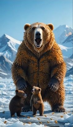 눈이-많이온-설산에서-북극곰이-정말로-작은-새끼-두마리와-함께-서있는-모습