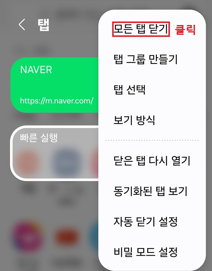 메뉴창에서 모든 탭 닫기 메뉴가 보임